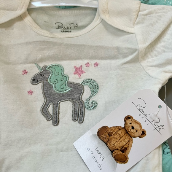 6-9m Rene Rofe Baby Onesies shirt Set of 5 pastel pink aqua unicorn  100% cotton - Picture 4 of 10